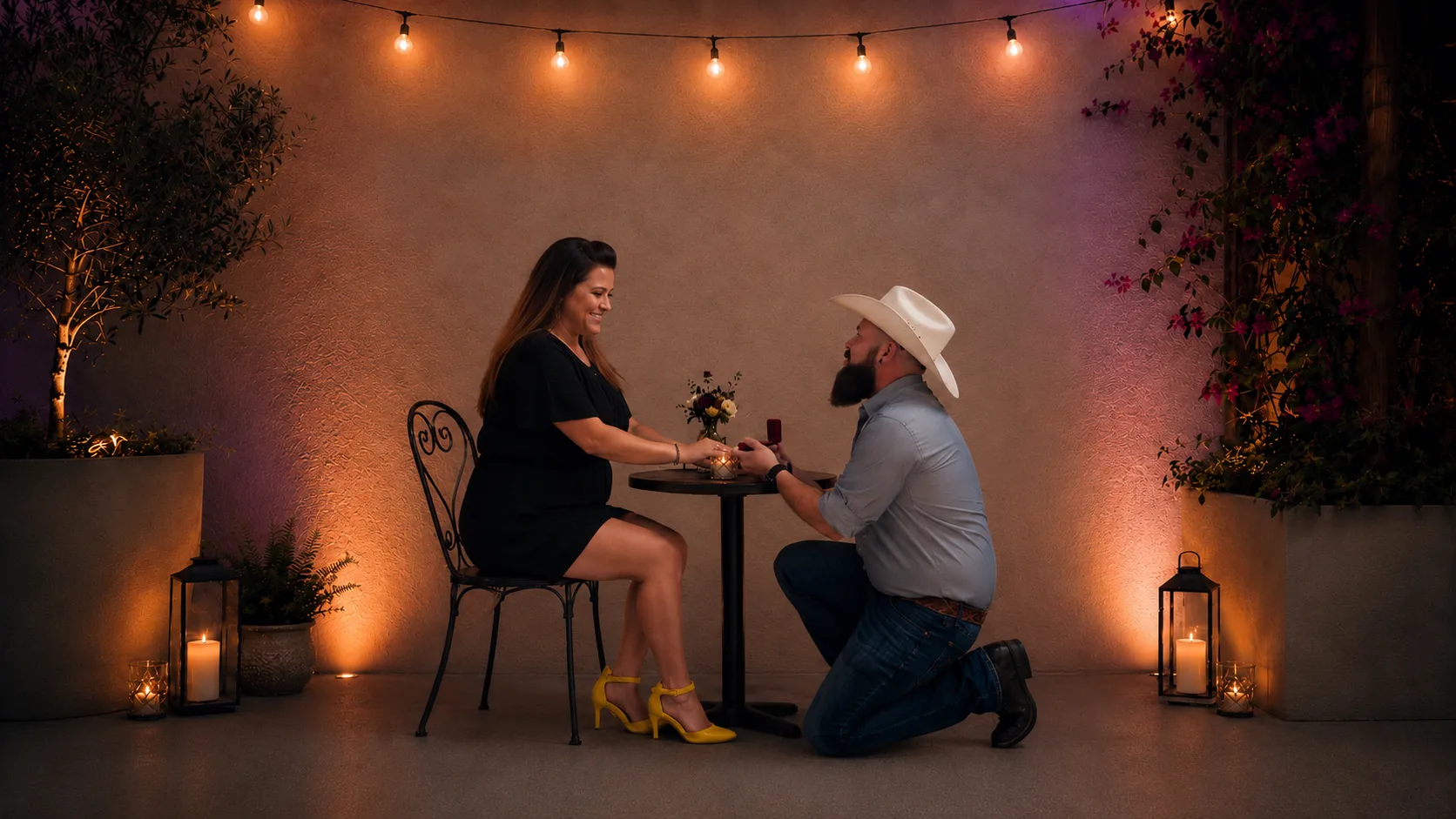 A proposal at a candlelit courtyard table
